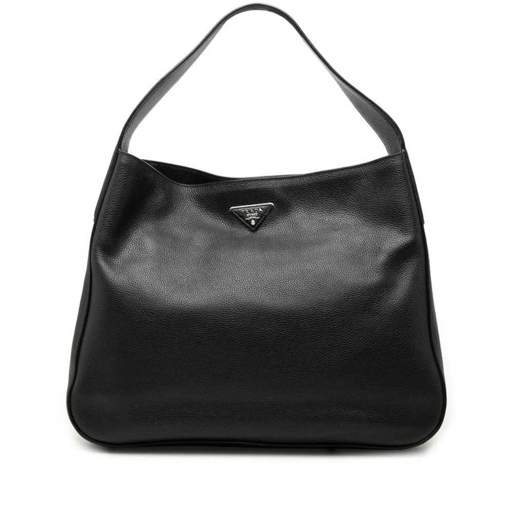 Prada Triangle Logo Plate One-Shoulder Bag 1BC028 Black Leather Women's PRADA